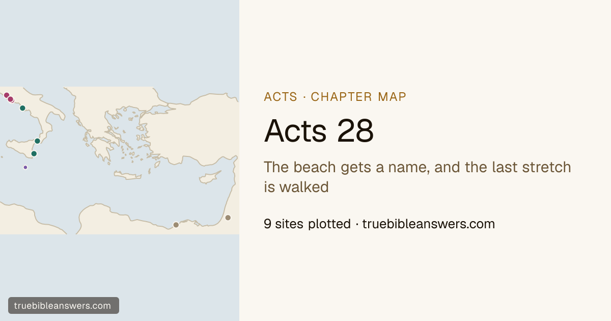 Map of Acts 28: The beach gets a name, and the last stretch is walked — 9 sites plotted