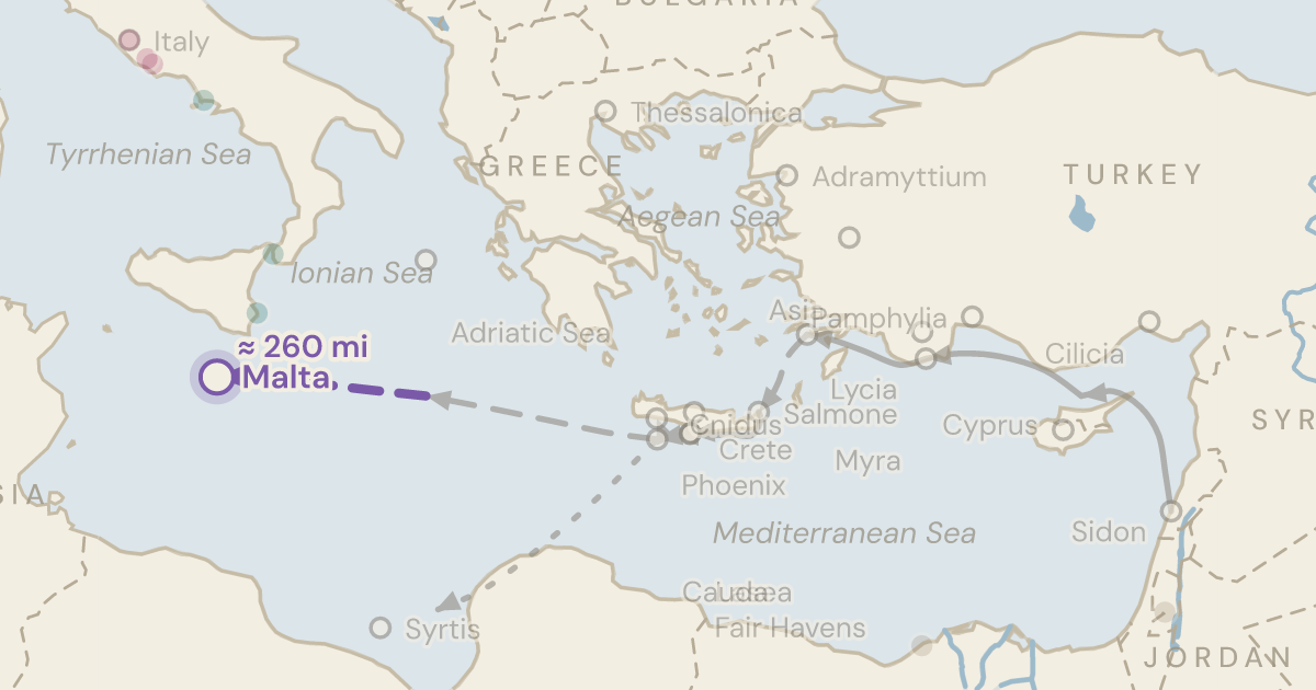 Map of Acts 28: The beach gets a name, and the last stretch is walked — 9 sites plotted