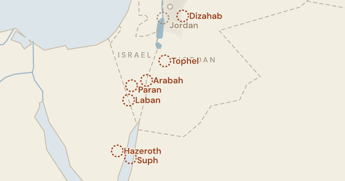 Map of Deuteronomy 1:1: Where the last speeches were given, fixed by six landmarks nobody can agree on — 0 sites plotted