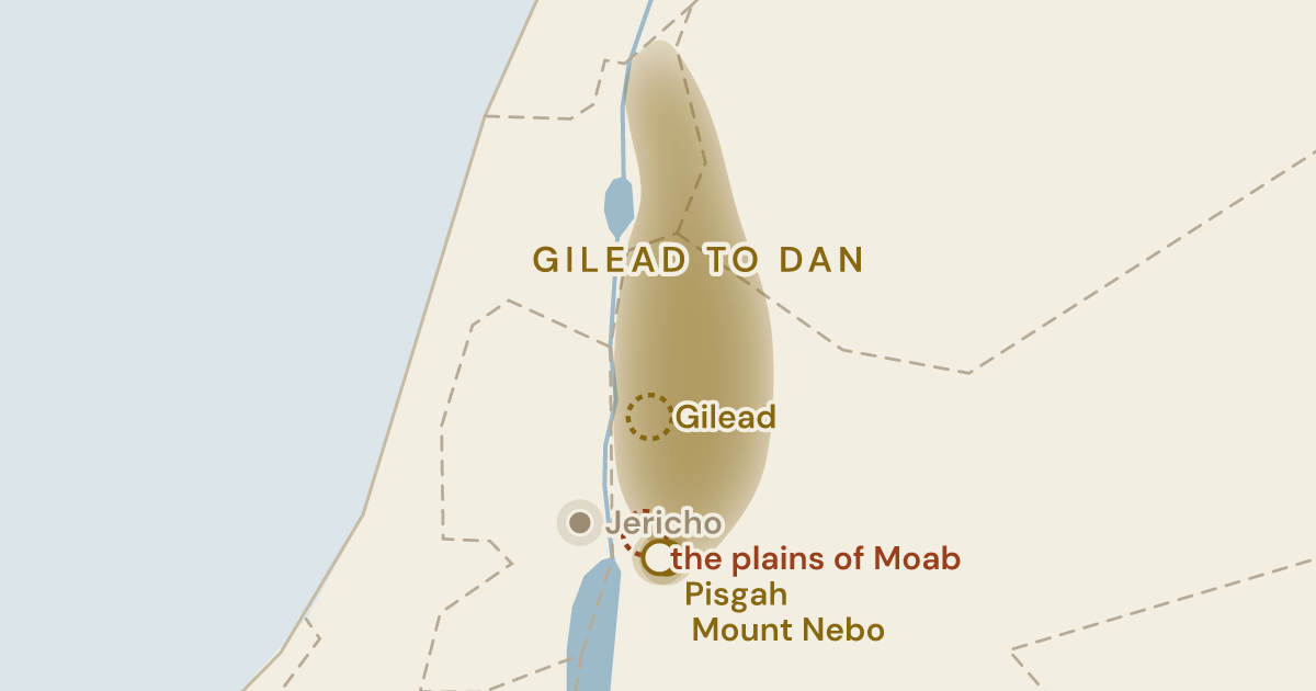 Map of Deuteronomy 34:1: The last climb, and the land shown to him from Gilead to Dan — 3 sites plotted