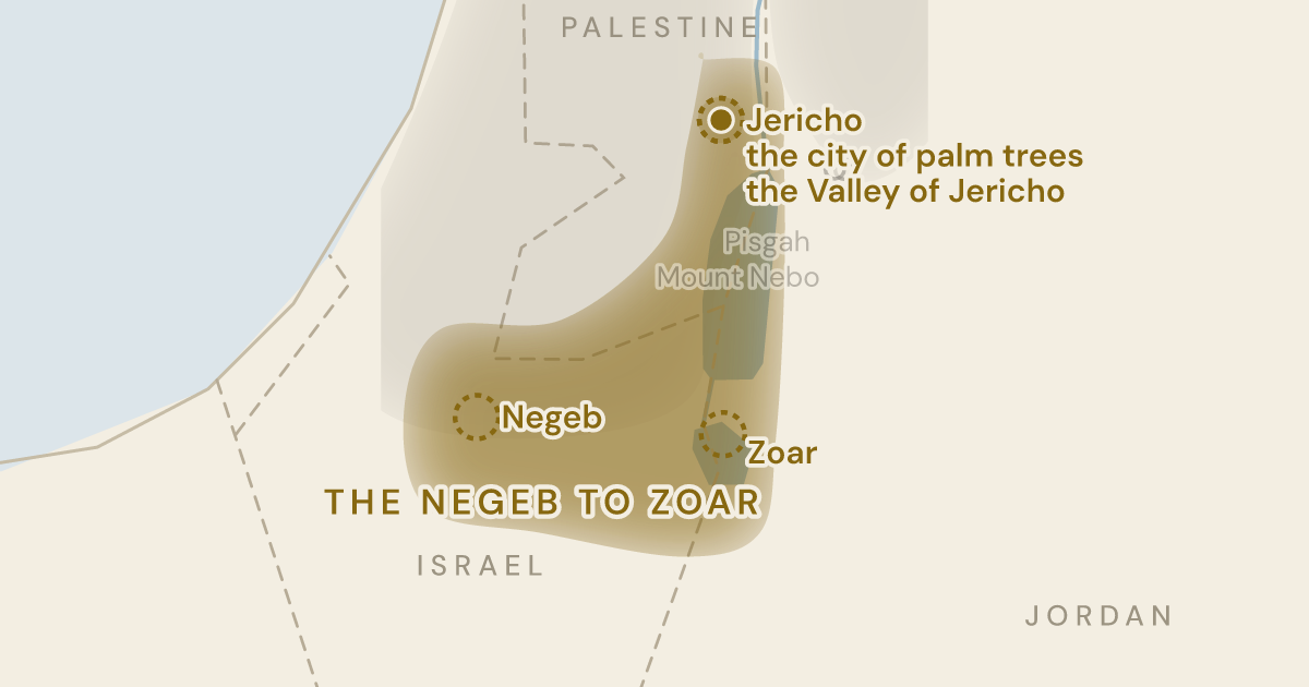 Map of Deuteronomy 34:3: The view comes round to the south, and ends at the foot of the mountain he stands on — 1 sites plotted