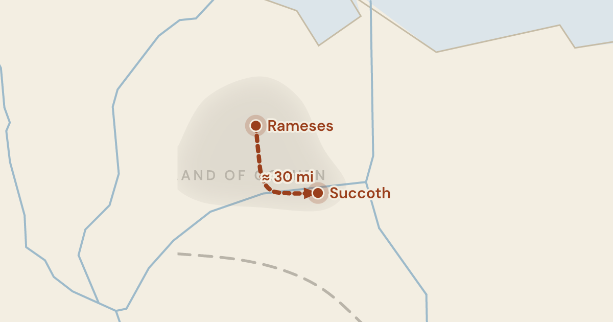 Map of Exodus 12:37: Six hundred thousand on foot, and the first stage of the road out of Egypt — 2 sites plotted