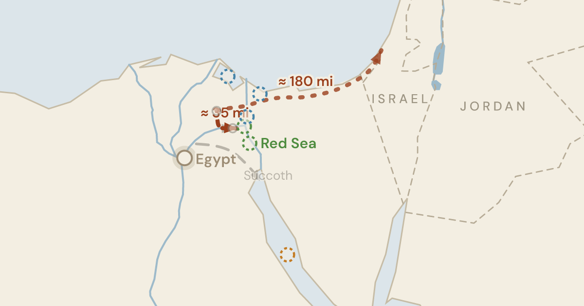 Map of Exodus 13:18: The long way round, taken instead of the short road through Philistine country — 7 sites plotted