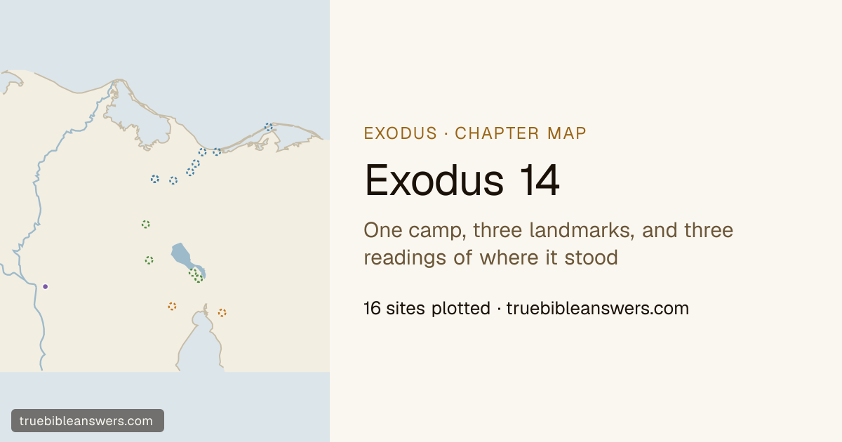 Map of Exodus 14: One camp, three landmarks, and three readings of where it stood — 16 sites plotted