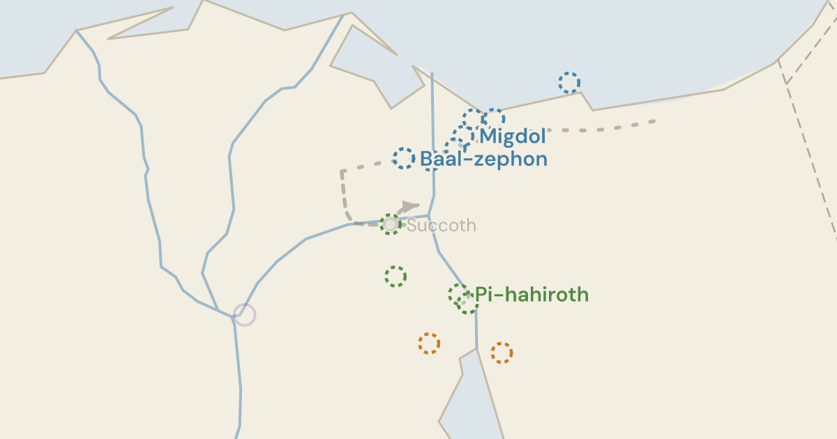 Map of Exodus 14: One camp, three landmarks, and three readings of where it stood — 16 sites plotted