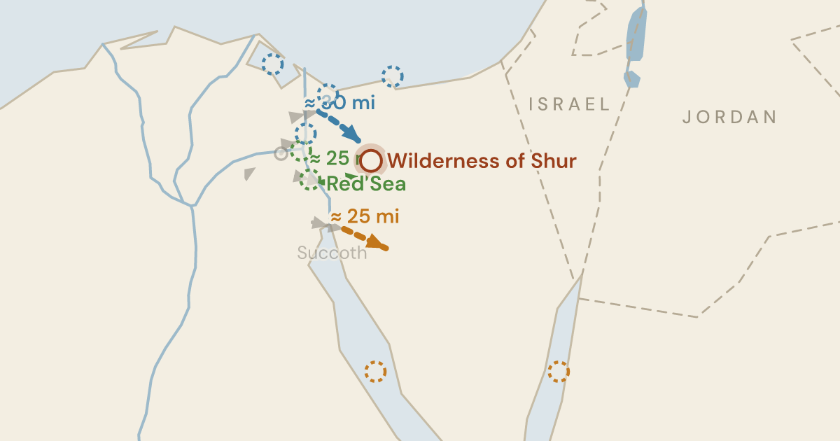 Map of Exodus 15:22: Out of the sea into three days of wilderness, from whichever shore it was — 9 sites plotted