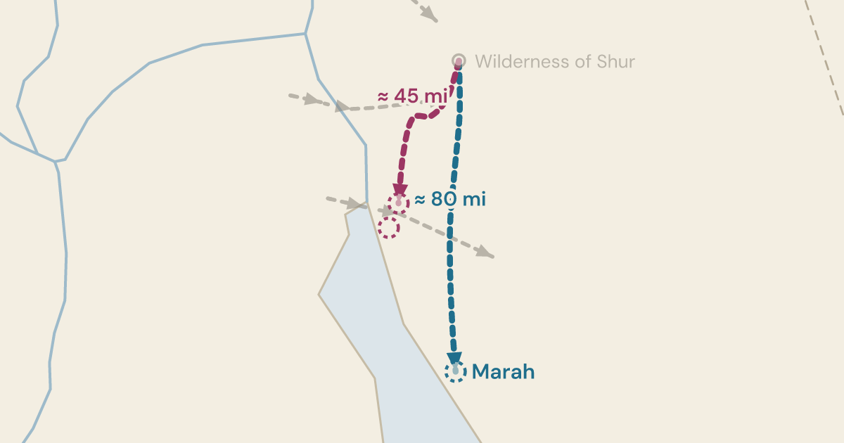 Map of Exodus 15:23: The first water after the sea, and too bitter to drink — 3 sites plotted