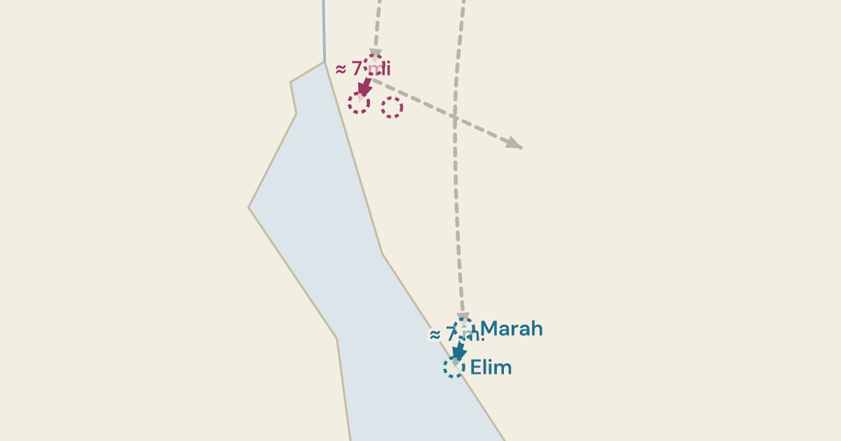 Map of Exodus 15:27: Twelve springs and seventy palms, and the best-agreed camp on the road — 7 sites plotted