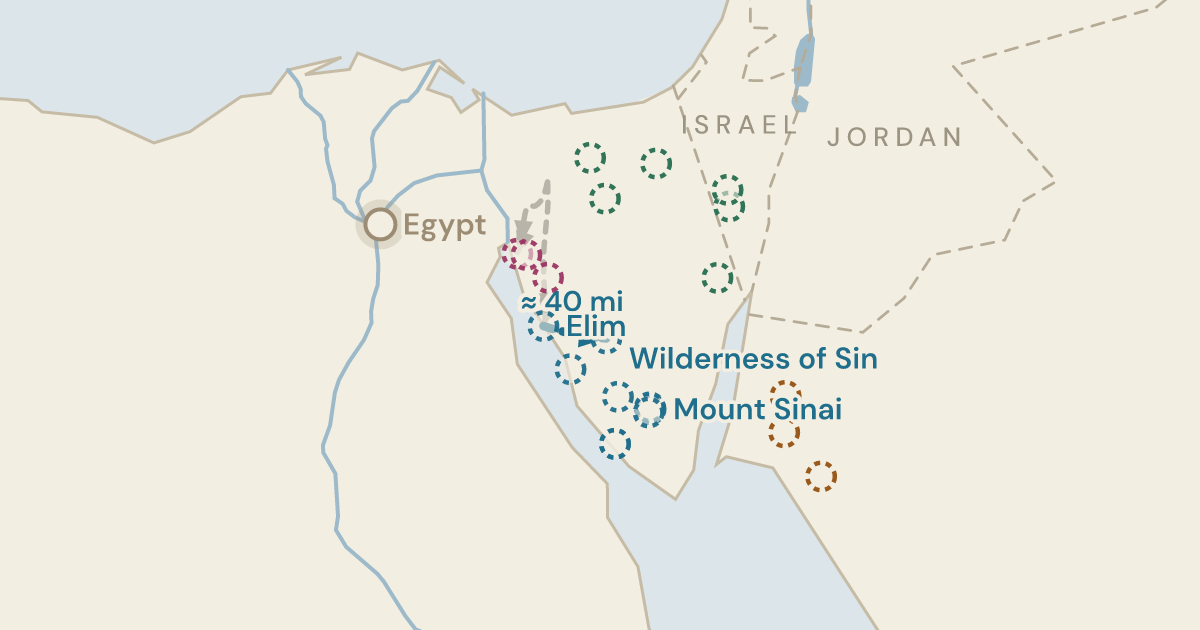 Map of Exodus 16:1: Between Elim and Sinai — which places Sin only as well as it places Sinai — 22 sites plotted