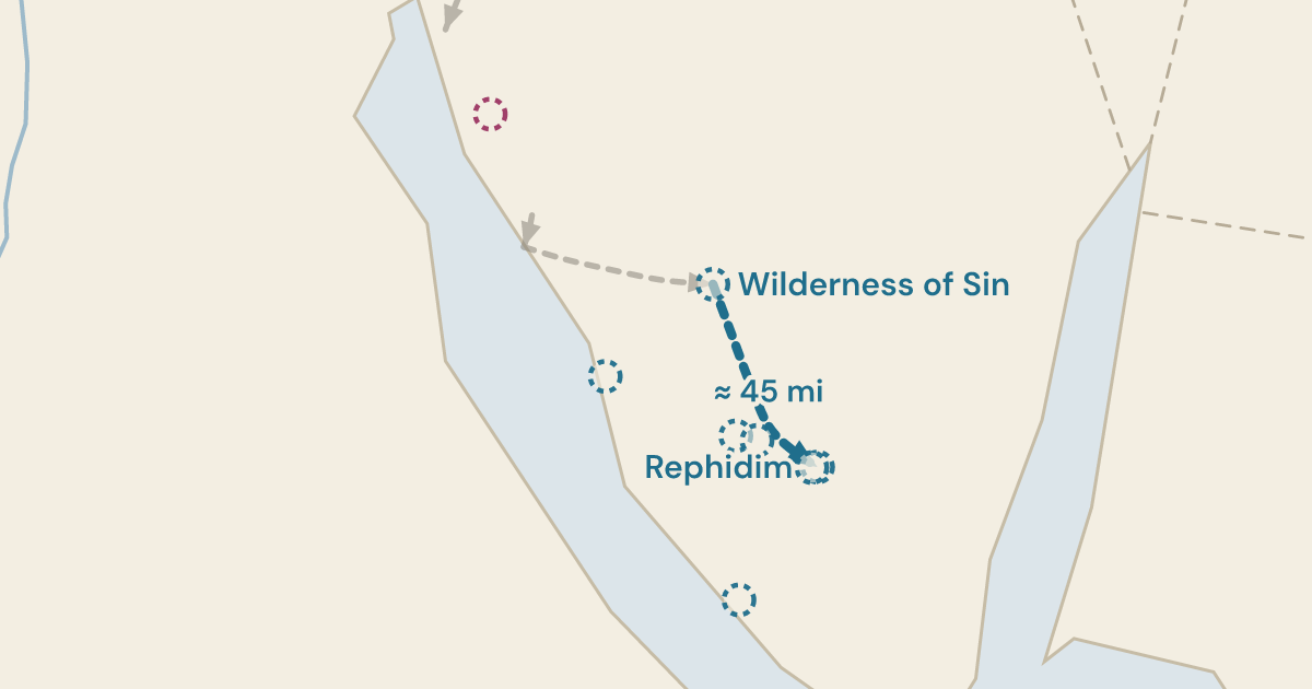 Map of Exodus 17:1: Moved on by stages to a camp with no water, the last before the mountain — 8 sites plotted