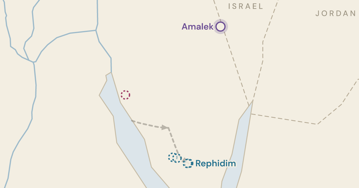Map of Exodus 17:8: The first battle of the wilderness, fought at the last camp before the mountain — 6 sites plotted