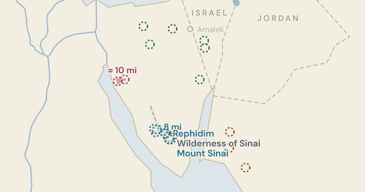 Map of Exodus 19:2: The camp before the mountain, and four answers to which mountain — 19 sites plotted