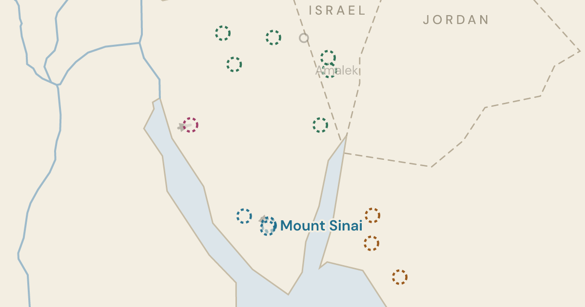 Map of Exodus 19:20: Fourteen summits proposed for the mountain Moses went up — 14 sites plotted