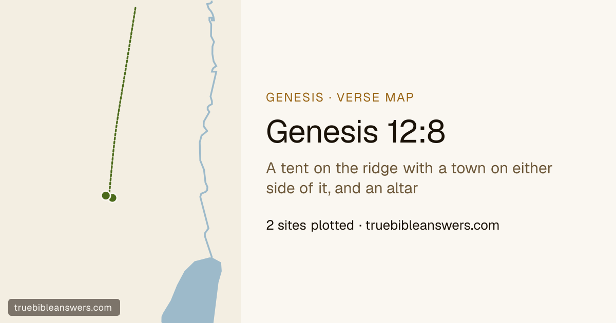 Map of Genesis 12:8: A tent on the ridge with a town on either side of it, and an altar — 2 sites plotted