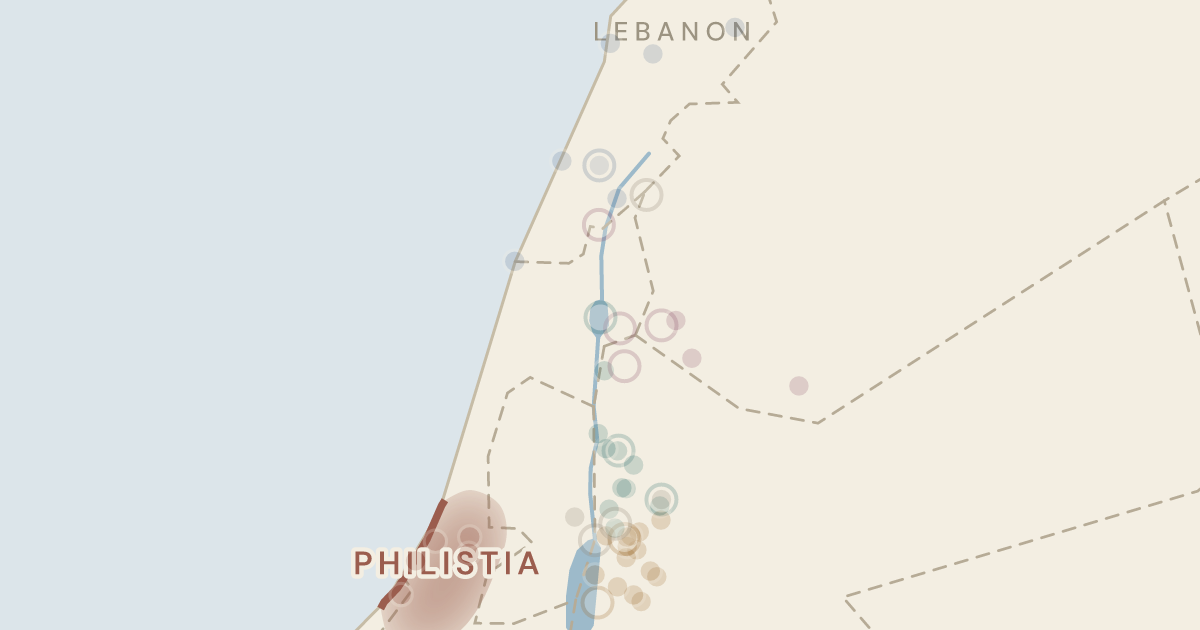 Map of Joshua 13: The land still to be taken, and the land already given — 54 sites plotted