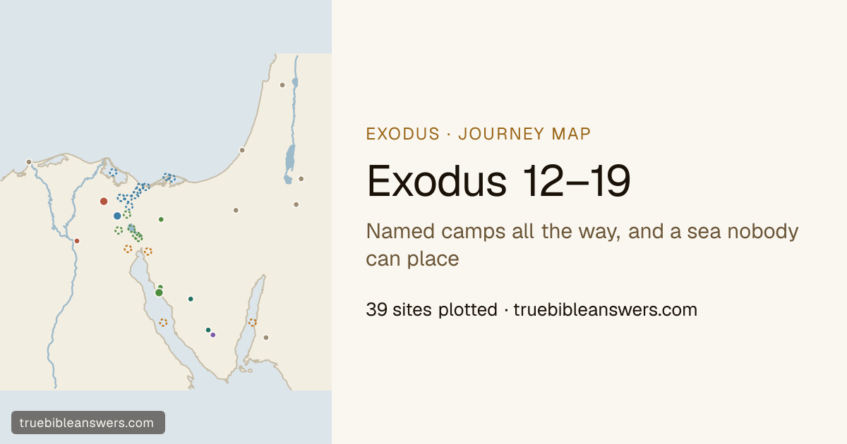 Map of Exodus 12–19: Named camps all the way, and a sea nobody can place — 16 sites plotted