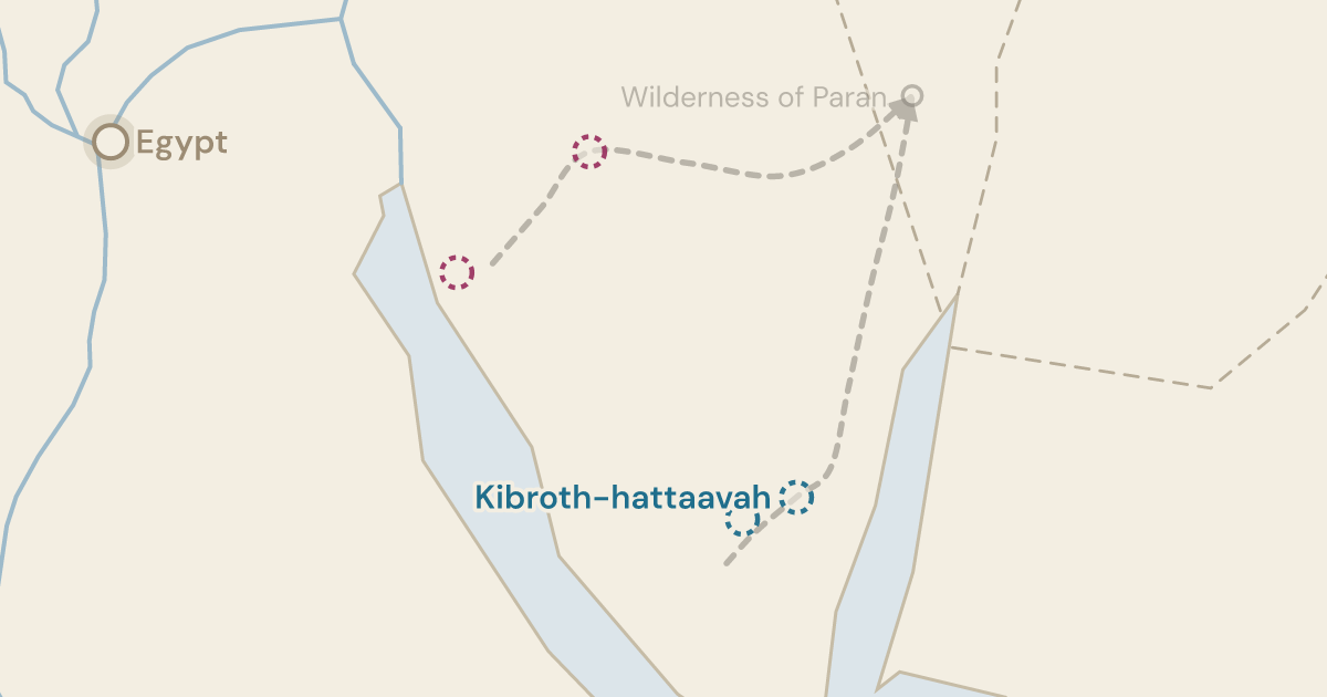 Map of Numbers 11:34: The graves of craving, a long way from the food they wanted back — 5 sites plotted