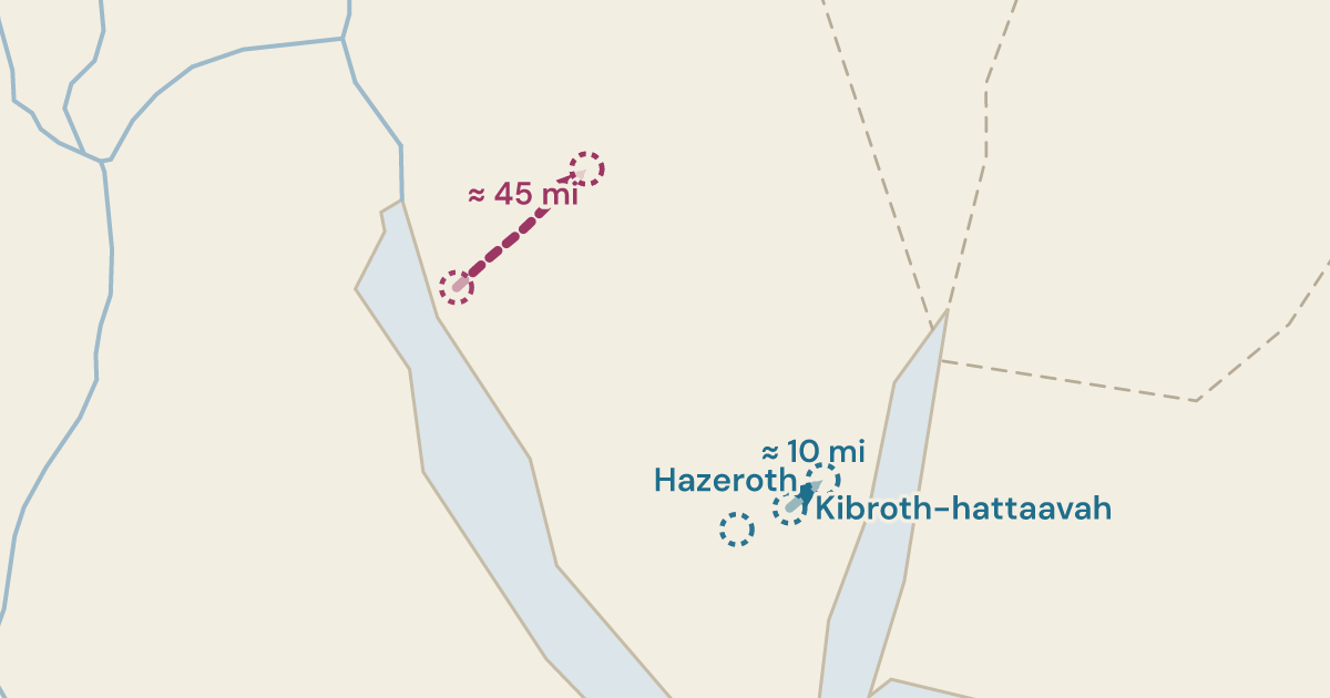 Map of Numbers 11:35: One stage on from the graves, to a camp they stayed at — 6 sites plotted