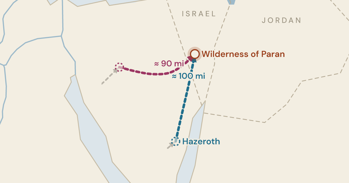 Map of Numbers 12:16: Out of Hazeroth, and into the wilderness Kadesh stands in — 3 sites plotted