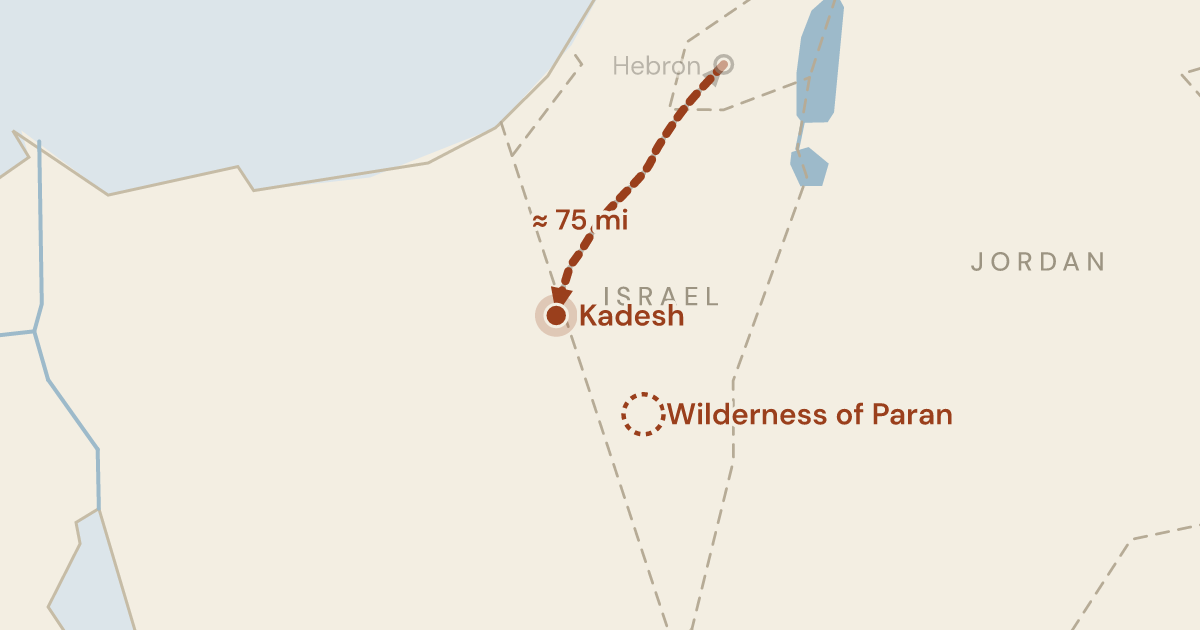 Map of Numbers 13:26: Forty days out and back, and the fruit of the land set down at the camp in Kadesh — 1 sites plotted