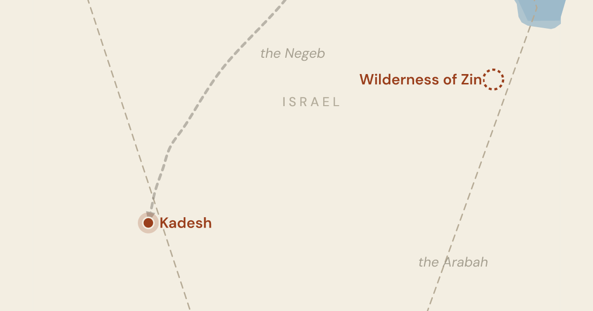 Map of Numbers 20:1: The same camp thirty-eight years on, and Miriam buried at Kadesh — 1 sites plotted