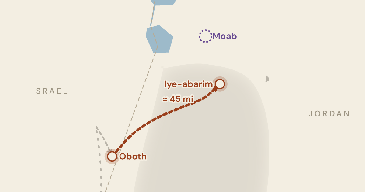 Map of Numbers 21:11: Out of the Arabah and round the north end of Edom, to the desert on Moab's east side — 2 sites plotted