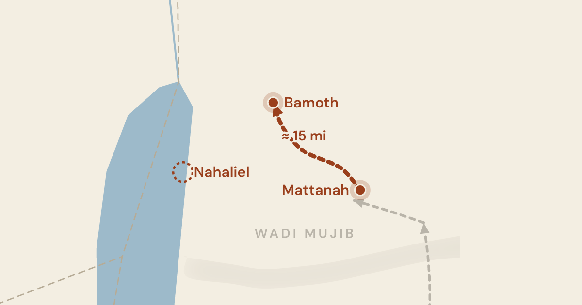 Map of Numbers 21:19: Three stages in one breath, up from the wells onto the tableland below Nebo — 2 sites plotted
