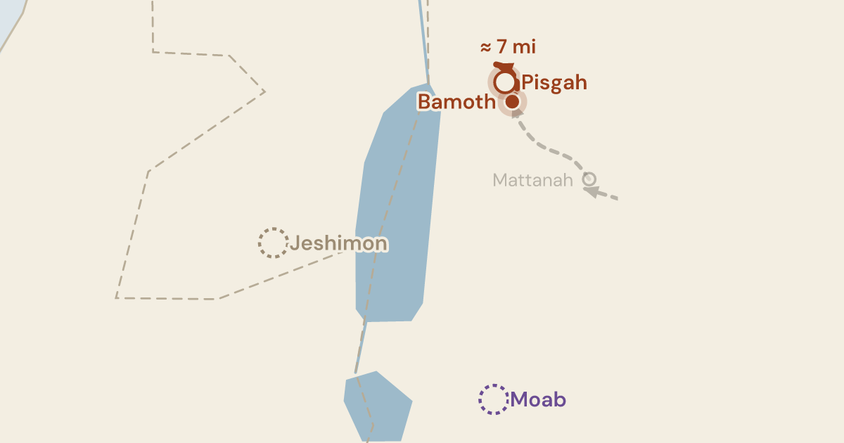 Map of Numbers 21:20: The last camp of the walk, under the summit Moses will climb to see the land — 2 sites plotted