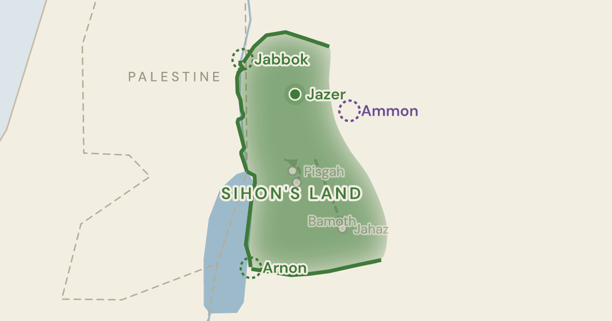 Map of Numbers 21:24: The first land Israel holds, given by two rivers and stopped at Ammon's border — 1 sites plotted