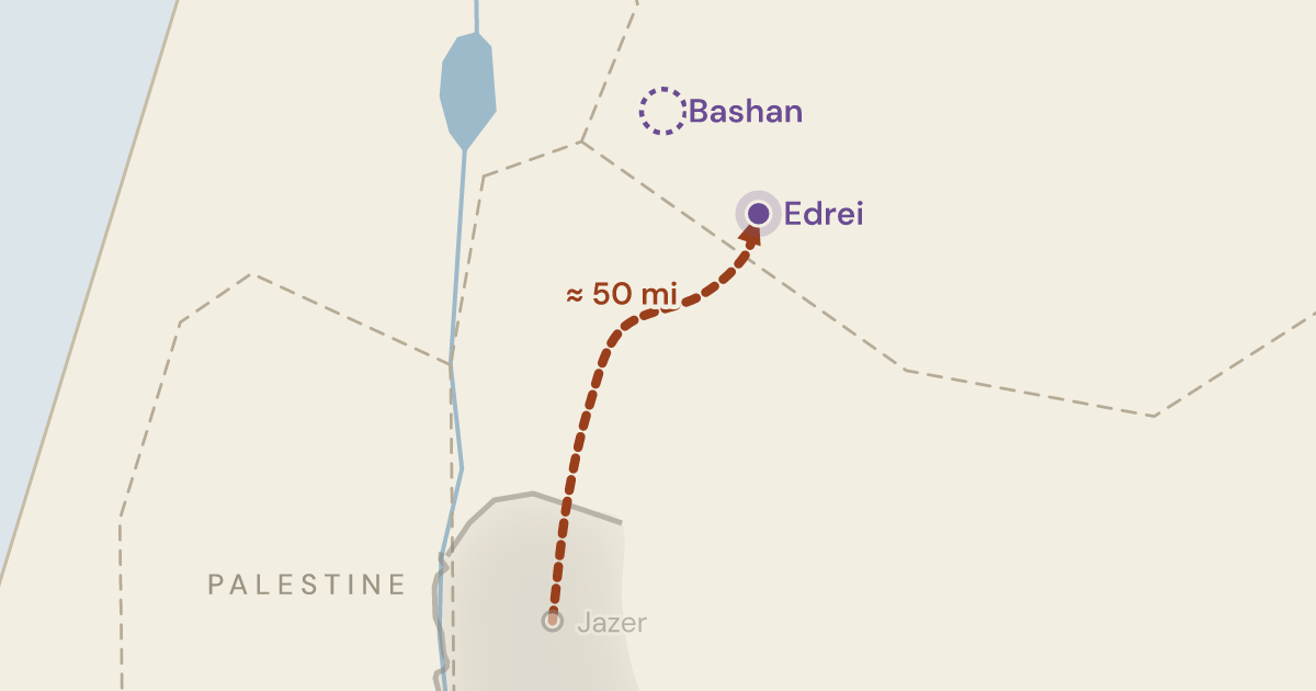 Map of Numbers 21:33: North out of Sihon's land to the second king, and a battle at the edge of his plain — 1 sites plotted