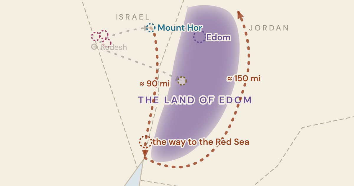 Map of Numbers 21:4: The long way round: south to the gulf, because Edom would not let them through — 5 sites plotted