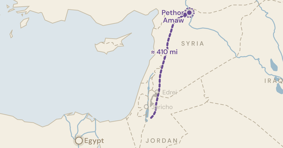 Map of Numbers 22:5: Moab sends four hundred miles up the Euphrates road for a man to curse a camp — 2 sites plotted