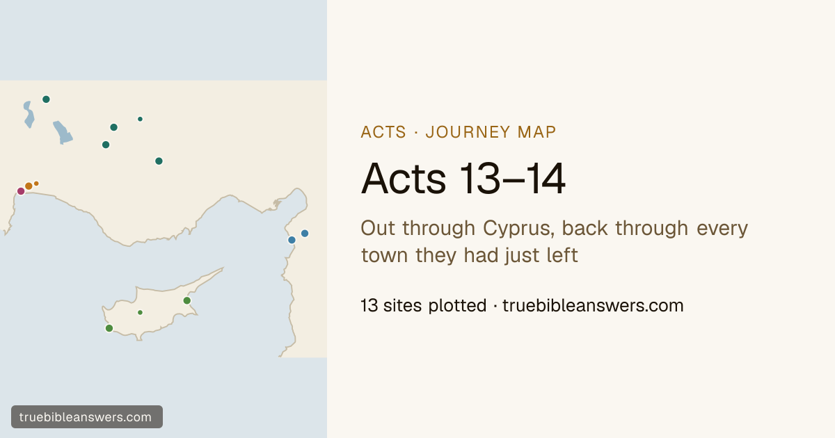 Map of Paul's first missionary journey: Acts 13–14, 13 places plotted — Out through Cyprus, back through every town they had just left
