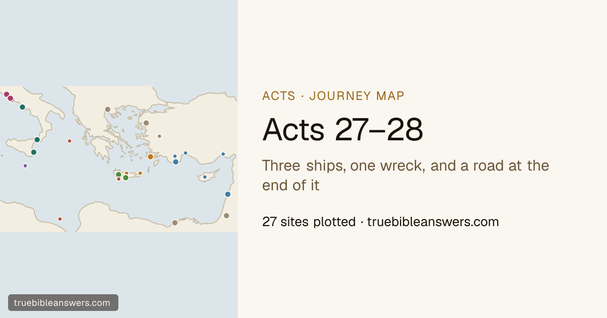 Map of Paul's journey to Rome: Acts 27–28, 27 places plotted — Three ships, one wreck, and a road at the end of it