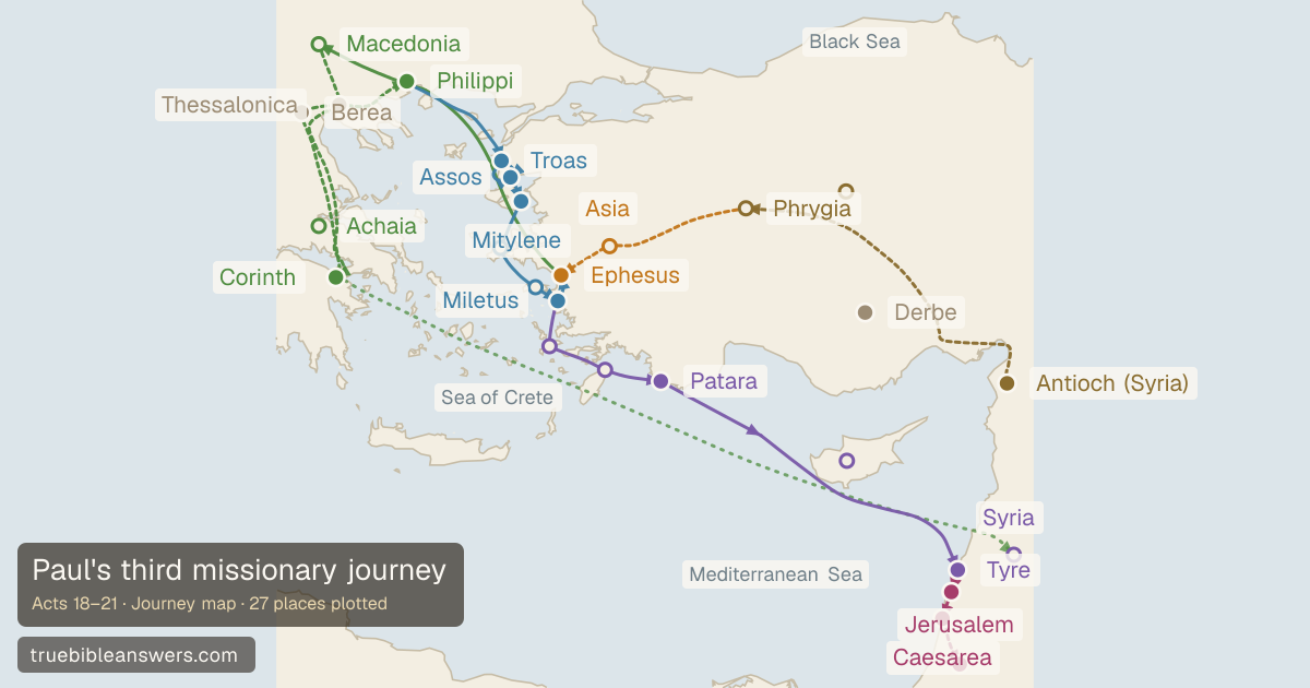 Map of Acts 18–21: Three years in one city, a riot in the theatre, and a road that ends in chains — 27 sites plotted