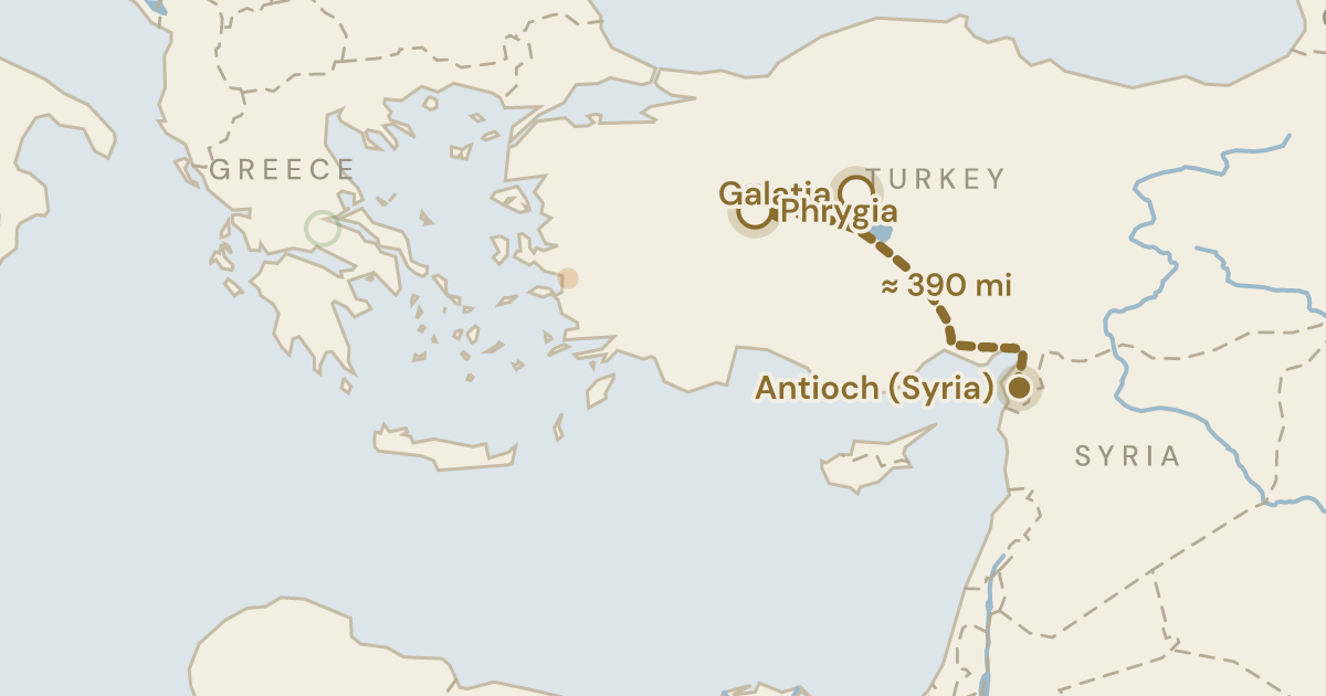 Map of Acts 18–21: Three years in one city, a riot in the theatre, and a road that ends in chains — 27 sites plotted
